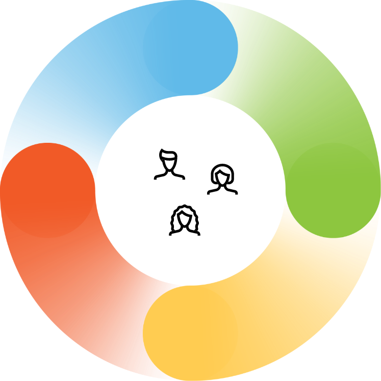 Illustration of four colored dots swirling around in a circle surrounding three icons of different people